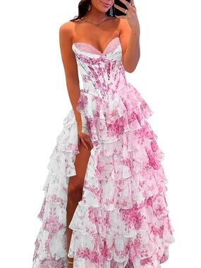 Romantic Strapless Pink Floral Ruffle Maxi Dress